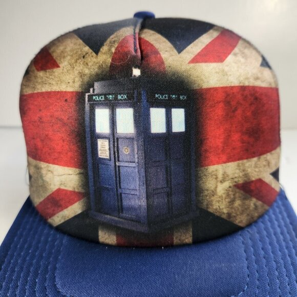 Dr Who Union Jack Police Telephone Booth Hat Cap Snapback Mesh Back BBC Blue - Picture 2 of 11